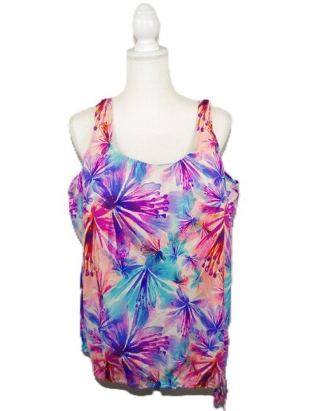 T.H.E. Women Size 28W Tankini Top Floral Tie Dye Pink Blue Purple Built In Bra